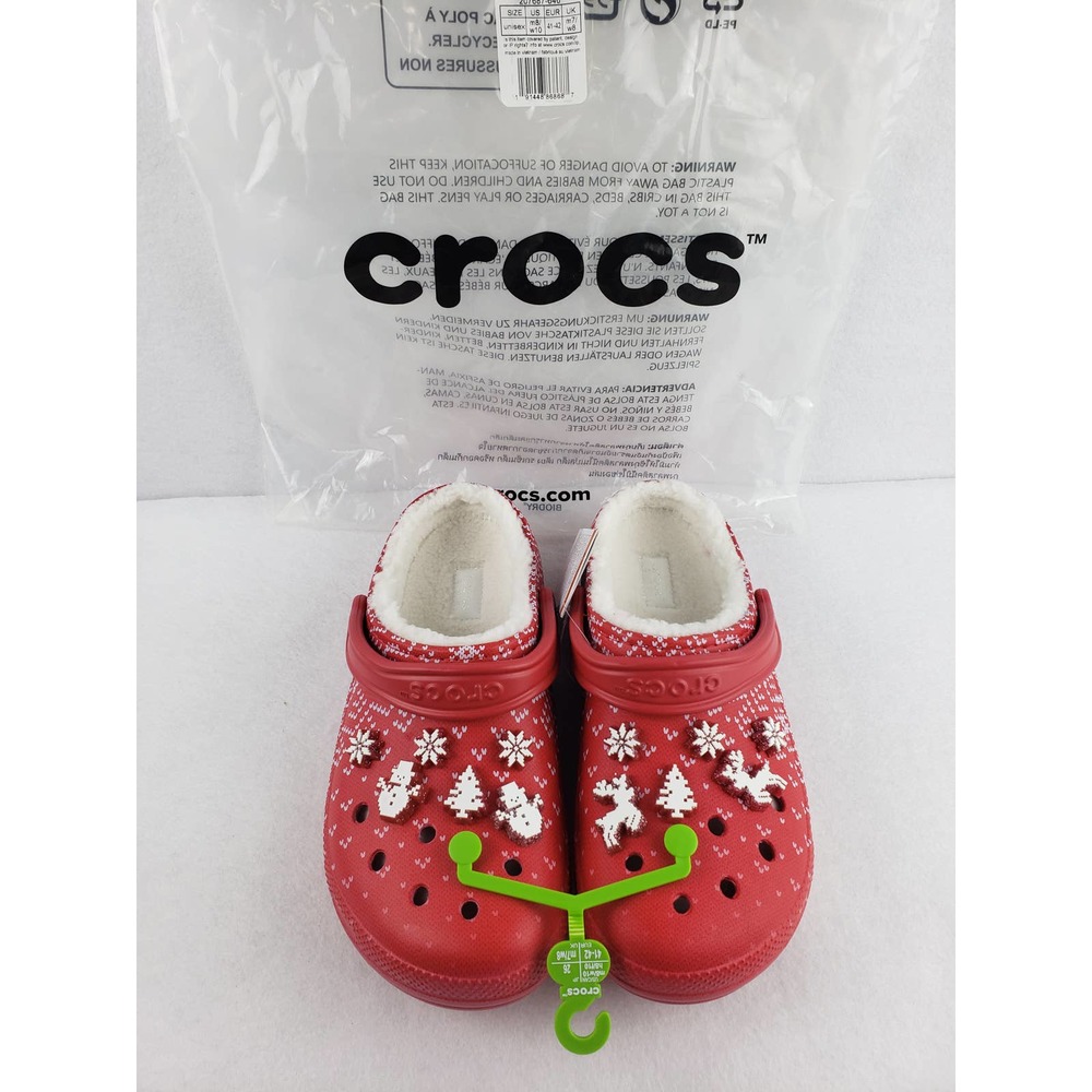 Crocs Classic Lined Holiday Christmas Charm Clogs Red Womens 10/ Men 8 -NWT